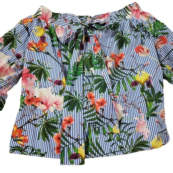 MNG by Mango Floral Stripe Bow Back Off Shoulder Top Size 6 - Picture 5 of 16